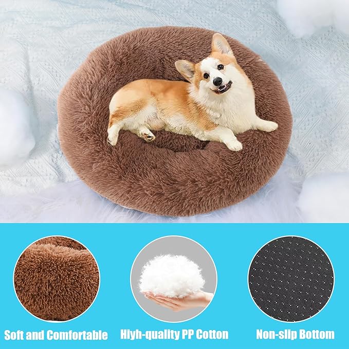 HYQ Small Dog Bed, Cat Beds for Indoor Cats, Pet Beds for Small Dogs, Fluffy Faux Fur Plush Small Dog Bed, Washable Puppy Bed with Anti-Slip Bottom, Dog Bed Small Size Dog (Khaki, 17 Inch)