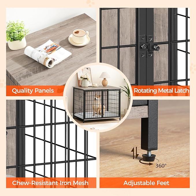 Dog Crate Furniture with Cushion, Wooden Dog Kennel with Double Doors, Heavy Duty Dog Cage for Small/Medium/Large Dogs, Indoor Dog House End Table, 31.5" L, Greige DCHG0701