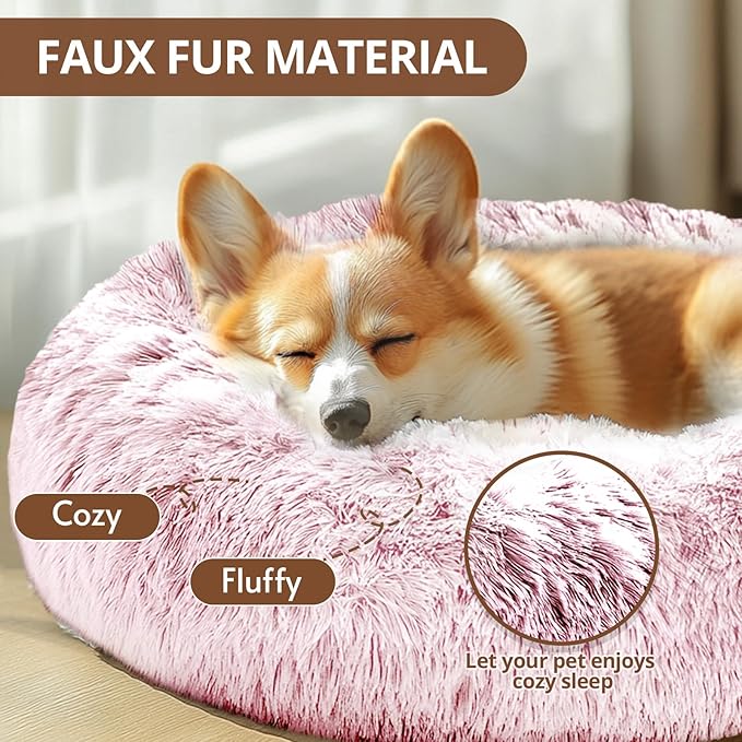 JOLLYVOGUE Dog Beds for Medium Dogs, Anti-Anxiety Washable Round Bed, Calming Donut Dog Cat Bed for Puppy Bed, Fluffy Dog Beds for Medium Dogs, Round Puppy Bed for Indoor Pet (28"/Smoke Pink