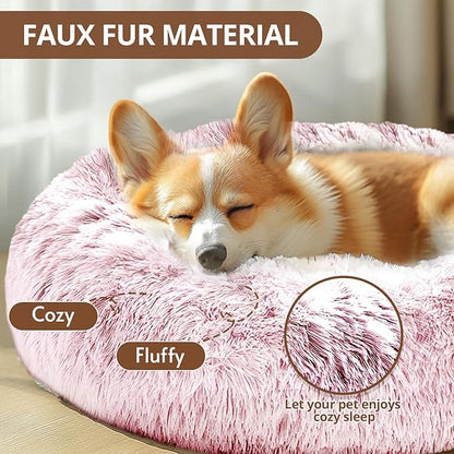 JOLLYVOGUE Dog Bed Cat Bed, Anti-Anxiety Small Dog Bed, Calming Donut Dog Bed for Puppy Bed, Fluffy Dog Beds for Small Medium Dogs, Washable Round Puppy Bed for Indoor Pet (24"/Smoke Pink