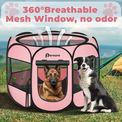 Dog Cat Playpen Indoor Outdoor for Puppy Pet Cat Recovery After Surgery, Dog Tent Crates Cage Indoor/Outdoor, Portable Pop Up Dog Kennel with Carrying Case for Travel (Premium Pink, Large)