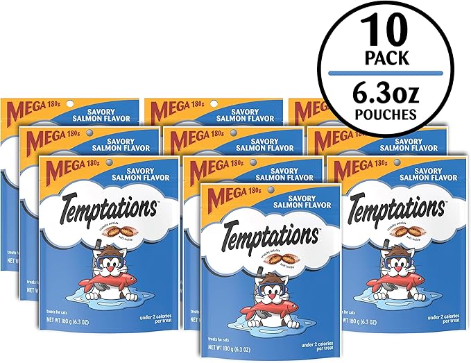 Temptations Classic Crunchy and Soft Cat Treats, Savory Salmon Flavor, 6.3 oz. Pouch (Pack of 10)