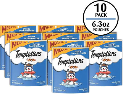 Temptations Classic Crunchy and Soft Cat Treats, Savory Salmon Flavor, 6.3 oz. Pouch (Pack of 10)