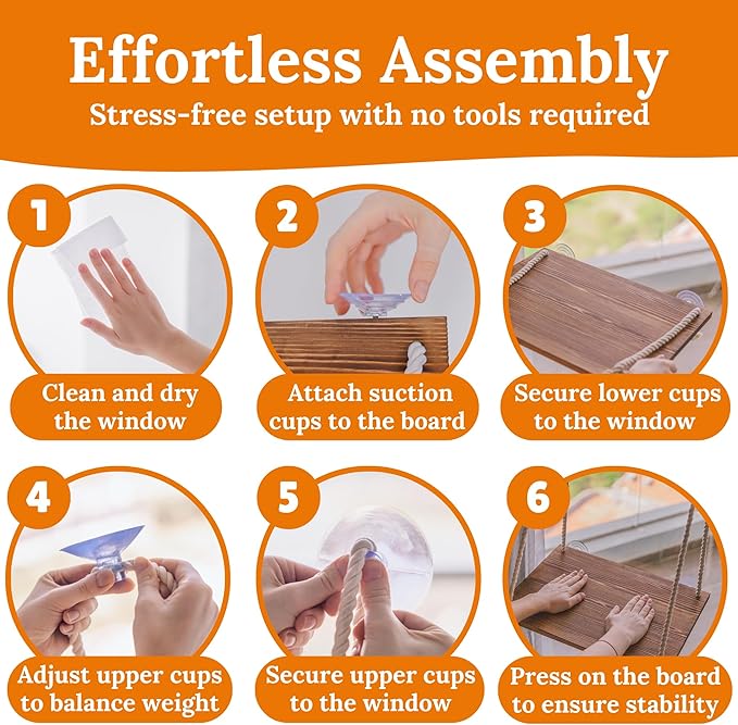 Cat Window Perch - Hammock Bed for Cats Inside - Solid Wood Seat, 4 Strong Suction Cups, Soft Cushion - Rustic Indoor Pet Shelf