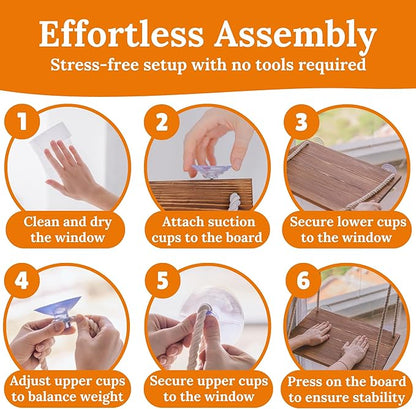 Cat Window Perch - Hammock Bed for Cats Inside - Solid Wood Seat, 4 Strong Suction Cups, Soft Cushion - Rustic Indoor Pet Shelf