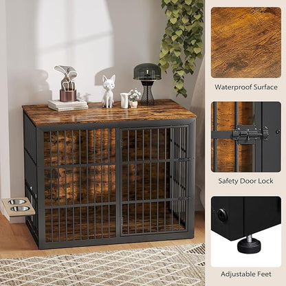 Rovibek 48 Inch Large Dog Crate with 2 Height Adjustable Dog Bowls 360° Rotatable, Cage Furniture for Large/Extra Large Dog Crate Indoor as End Table, Heavy Duty Dogs Kennel, Brown