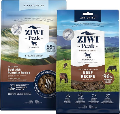 ZIWI Peak Beef Dry Dog Food Bundle- Steam & Dried Beef w/Pumpkin (28.8oz) + Air-Dried Beef (16oz)