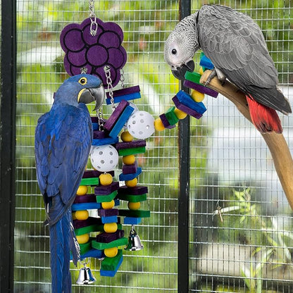 Large Bird Parrot Toys with Bells- Parrots Cage Chewing Toy Gift with Colorful Wood Blocks Beads- Bird Parrot Chewing Sticks Toys for Cockatoos African Grey Macaws and Amazon Parrots(Grape Style)