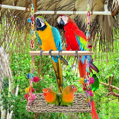 Bird Swing Toys Coolrunner Bird Hammock Bed Hanging Swing Nest Cotton Weave Hemp Rope Bird Seagrass Swing Toys with Colorful Bells Bird Swing Toys for Parakeets, Budgie, Conure, Cockatiel