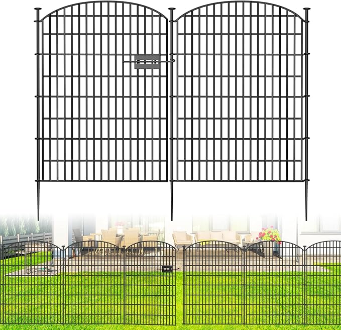 10 Panels No Dig Decorative Garden Fence with Gate - 40 in (H) x 23.6 ft (L), Dog Fence Outdoor for Yard, Rustproof Metal Animal Barrier Ground Stakes Fencing for Garden, Patio, Flower Bed