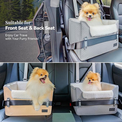 PETSFIT Dog Booster Seat, Portable Dog Car Seats for Small Dogs with Clip-On Leash, Patented Safe Buckles, Dog Booster Car Seat Suitable for Small Pets Up to 25lbs (Light Grey)