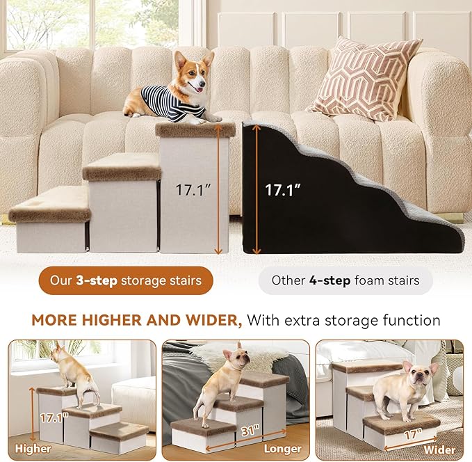 Dog Stairs with Furry Lids 17.5" H, 3-Step Wider Dog Steps with Storage for Small/Medium/Large Dogs Cats, Folding Sturdy Pet Stairs Climbing Bed or Sofa, Dog Ramp for Car Hold Up to 200 lbs, Khaki
