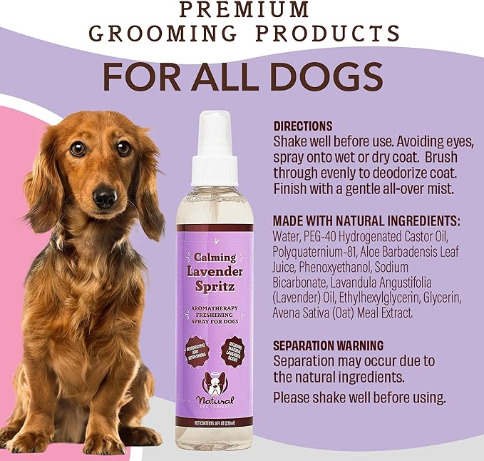 Natural Dog Company Calming Lavender Spritz for Dogs, 8oz  Deodorizing & Moisturizing, Soothes Skin, Conditions Coat, Hypoallergenic, Alcohol-Free, USA Made