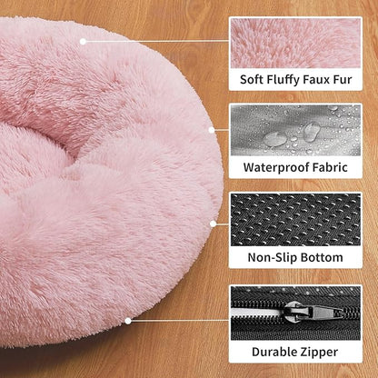 OhGeni Calming Donut Cat Beds For Indoor Cats, Machine Washable Plush Warming Bed For Kitten & Puppy, Anti-Slip Round Cuddle Comfort Pet Bed, Cozy Fluffy Fur Bed for Small Cats & Dogs, Pink, 20 inches