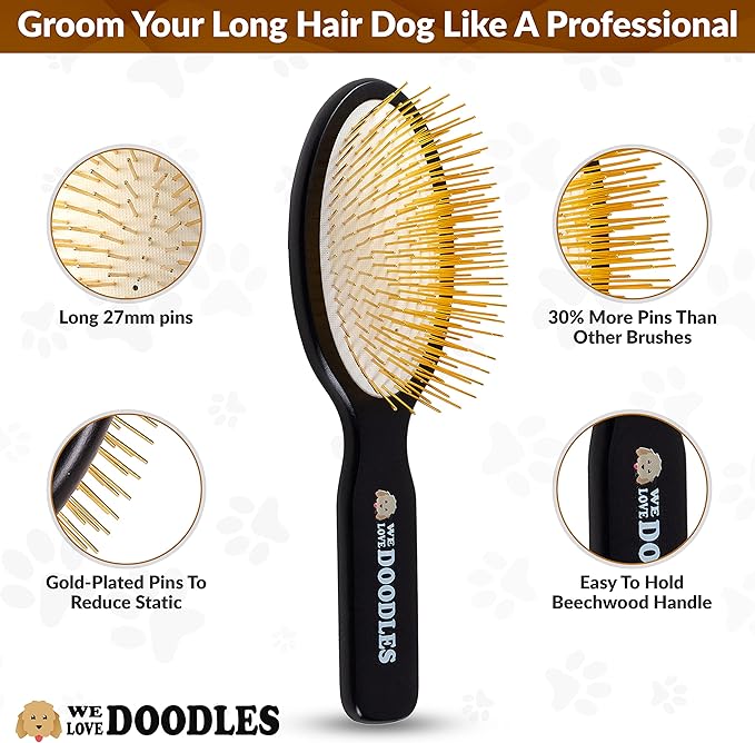 Pet Grooming Detangler Pin Dog Brush For Shedding and Removing Loose Fur, Lightweight Beech Wood with Gold Plated Pins for Long Hair [We Love Doodles]