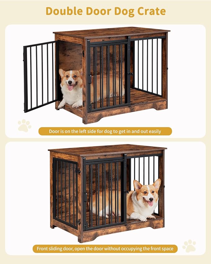 Dog Crate Furniture, 32" Double Door Dog Crate with Barn Door, Dog Kennel Indoor, End Side Table Wooden Dog Crates for Small Medium Large Dogs, Anti-Chew Anti-Escape, Rustic Brown DFC83601B