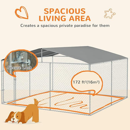 PawHut Large Dog Kennel Outside, Heavy Duty Dog Cage with Waterproof Cover, Outdoor Fence Dog Run with Galvanized Chain Link, Secure Lock, 13' x 13' x 7.5'