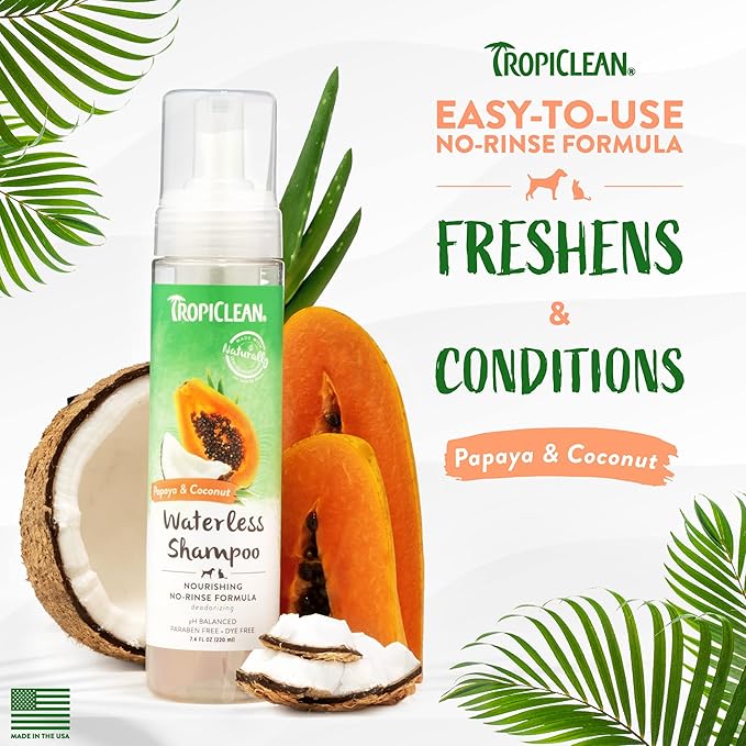 TropiClean No Rinse Waterless Dog Shampoo | Detangling & Deodorizing Dry Shampoo for Smelly Pets | Moisturizes Dry Skin | USA Made | Papaya Scent | 7.4oz