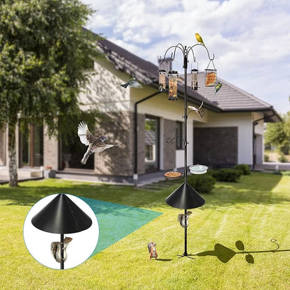6-Hook Bird Feeding Station, Steel Multi-Feeder Kit Stand for Attracting Wild Birds w/ 4 Bird Feeders, Bird Bath, Mesh Tray and Squirrel Guard Baffle，94 Inch