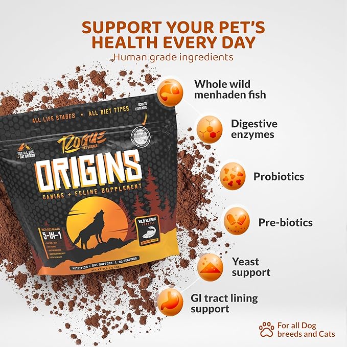 ROGUE PET SCIENCE Origins 5-in-1 Dog Supplement - Powdered Food Topper w/Natural Omega 3 Fish Oil - Supports Healthy Digestion, Skin, and Coat - Helps Reduce Itching & Joint Inflammation (5 lbs)