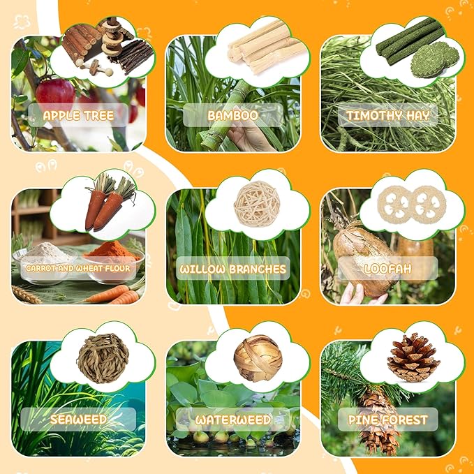 40 PCS Hamster Toys Set Guinea Pig Toys, Hamster Cage Accessories with Tunnel, Bridge, Natural Timothy Hay, Apple Wood and Bamboo for Boredom Relief & Teeth Care for Chinchillas, Gerbils, Rats