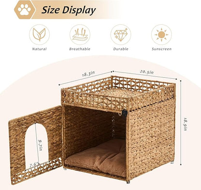 Cat House, Natural Cat Cave Pet Cube, Handwoven Cat Beds Indoor Cat Hideaway with Bed Mats, Double-Layer Design, for Multi Small Pet in Living Room Bedroom