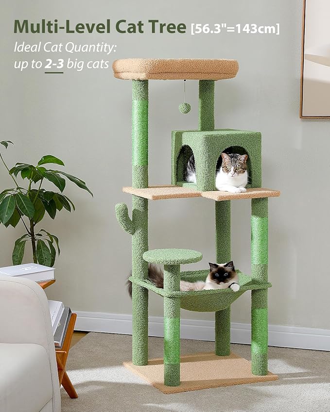 Cactus Cat Tree for Large Cats with Metal Plush Big Hammock, 56.3" Cat Tower for Indoor Cats with 2 Door Condo House, 6-Tier Cat Shelves with Scratching Posts and Large Top Perch,Green