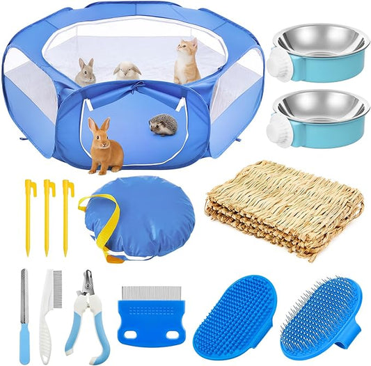 16 Pcs Rabbit Playpen Starter Kit, 47.2" x 47.2" x 15" Waterproof Cage Tent with Ground Nails, Storage Bag, Food Water Bowls, Grooming Tools, Grass Rugs for Bunny, Guinea Pigs, Small Animals