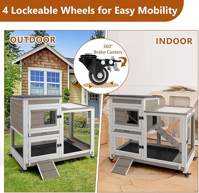 2 Story Rabbit Hutch Indoor with 2 Deeper Pull-Out Trays, Wooden Rabbit Cage with 4 Lockable Wheels, Ramp, Chew-Anti Metal Strip for Rabbit, Guinea Pig, Hamster(40.2" L X 23.2" W X 36.6" H)