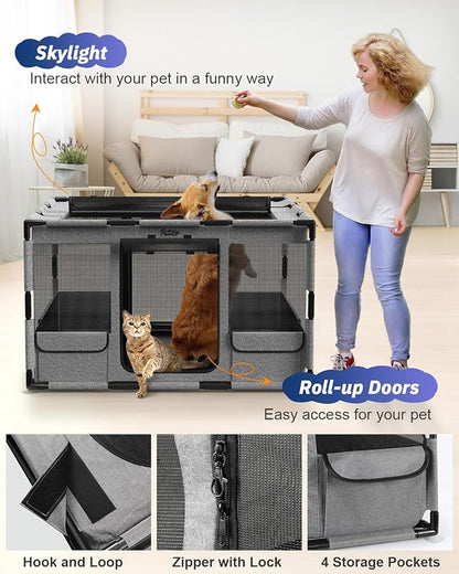 Dog Playpen, 43x43x26 Inches Puppy Playpen Portable with Top Cover, Thickened Fabric Tear Resistant Waterproof Bottom with Breathable Mesh Dog Fence for Indoor and Outdoor, Gray