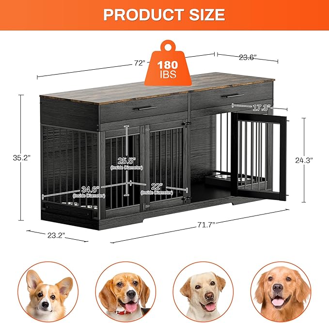 Rophefx 72" Dog Crate Furniture for 2 Dogs, Large Dog Kennel Furniture with 2 Storage Drawers and 4 Bowls, Wooden Dog Cage with Removable Divider, Indoor Dog House TV Stand for Medium Dog, Black
