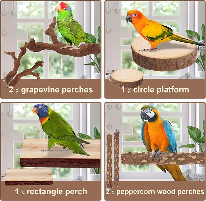 Parrot Perch Bird Perch Stand Set Natural Wild Wood Grape Sticks Paw Grinding Fork Parakeet Climbing Standing Branches Toys Cage Accessories for Conure,Cockatiels Lovebirds,Budgies Chewable 6PC