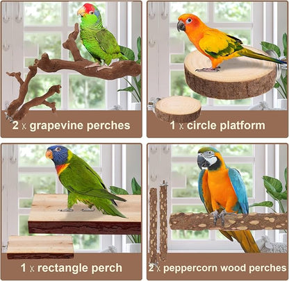 Parrot Perch Bird Perch Stand Set Natural Wild Wood Grape Sticks Paw Grinding Fork Parakeet Climbing Standing Branches Toys Cage Accessories for Conure,Cockatiels Lovebirds,Budgies Chewable 6PC
