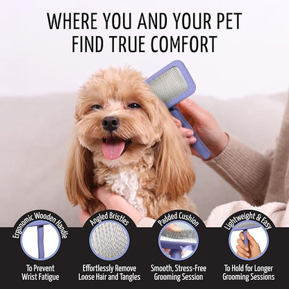 Tauro Pro Line Wooden Deshedding Dog Brush for Long Goldendoodle, Labradoodle & Poodle Hair - Purple Slicker Brush for Dog & Cat Grooming - Rectangular Flexible Cushion & Non-Slip Grip, L