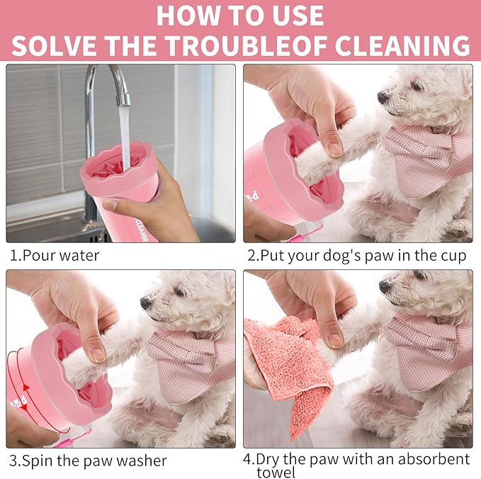 Dog Paw Cleaner for Dogs, (with 3Pcs Absorbent Towels & Adjustable Bath Brush) Dog Paw Washer, Pet Foot Cleaner (Pink, Small)
