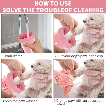 Dog Paw Cleaner for Dogs, (with 3Pcs Absorbent Towels & Adjustable Bath Brush) Dog Paw Washer, Pet Foot Cleaner (Pink, Small)
