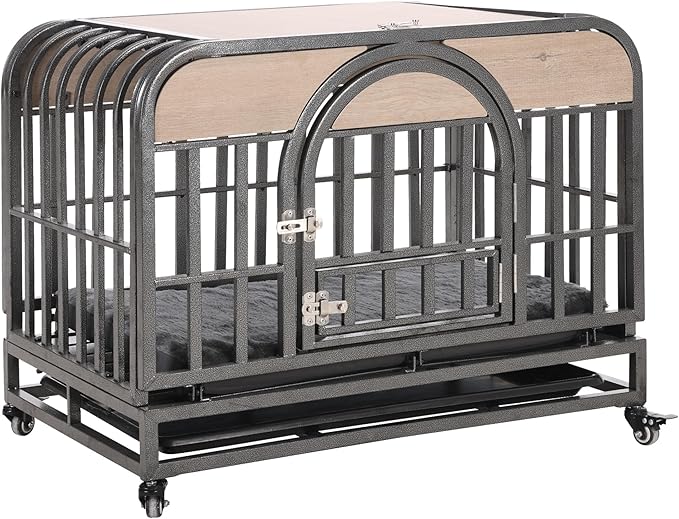 46in Dog Kennel Furniture, Heavy Duty Dog Crate with Removable Trays and Wheels, Metal Dog Crates for Large Dogs