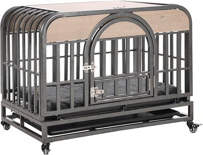 46in Dog Kennel Furniture, Heavy Duty Dog Crate with Removable Trays and Wheels, Metal Dog Crates for Large Dogs