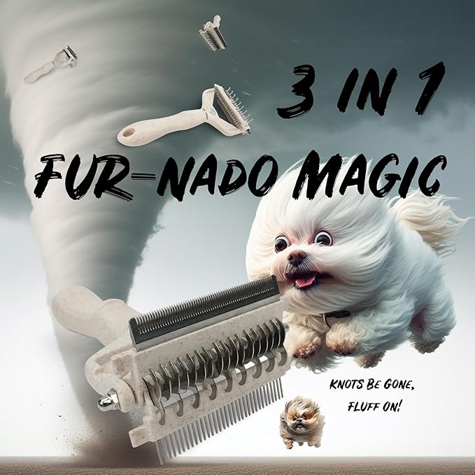 3 in 1 biodegradable Dog and Cat grooming tool for shedding and dematting easy to use and clean, Beige