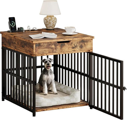 IRONCK Dog Crate Furniture for Small Dogs, Wooden Dog Kennel with Flip Top Drawer, Indoor Pet Crate End Table with Charging Station, Steel-Tube Dog Cage, Rustic Brown