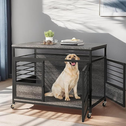 YITAHOME 39" Dog Crate Furniture with Wheels, Farmhouse Decorative Wood Dog Cage End Table Chew-Resistant Wooden Dog Kennel Indoor for Small Dogs, Grey