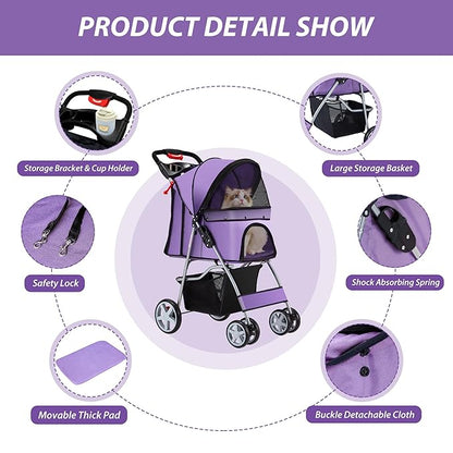 4 Wheels Pet Stroller for Small Medium Dogs Cats 33 lbs, Breathable Foldable Jogger Stroller with Storage Basket, Travel Puppy Stroller for All-Season, Move Pad & Protective Lock, Purple