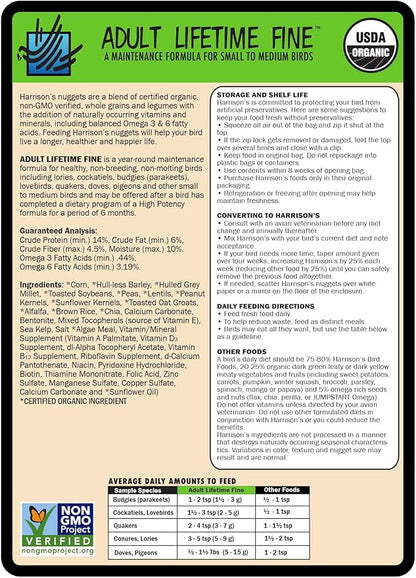 Harrison's Bird Foods Bird Food Adult Lifetime Fine Certified Organic Non-GMO Formula Bird Food 1lb