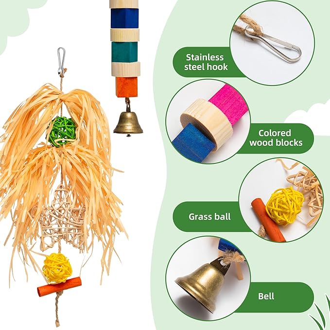 4-in-1 Hanging Bird Toy Set - Raffia Chew Balls, Wood Blocks & Bells for Foraging - Small Parrot Cage Toys for Conures, Lovebirds Under 150g (30-Day Play Guarantee)