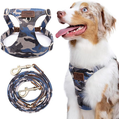 Dog Harness, No Pull Dogs Harness and Multi-Function Leash Set for Medium Dogs Easy Walk Everyday Adjustable Soft Dog Vest Harness Fashionable Dog Accessories Camouflage Blue-L