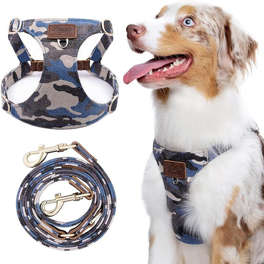 Dog Harness, No Pull Dogs Harness and Multi-Function Leash Set for Medium Dogs Easy Walk Everyday Adjustable Soft Dog Vest Harness Fashionable Dog Accessories Camouflage Blue-L