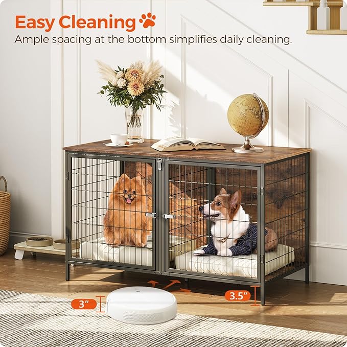 Dog Crate Furniture for 2 Dogs, 43.3" Dog Kennel with Removable Divider, Heavy Sturdy Dog Furniture Style Double Cage for Small Medium Dog, Indoor Pet House End Table, Rustic Brown DCHR1201