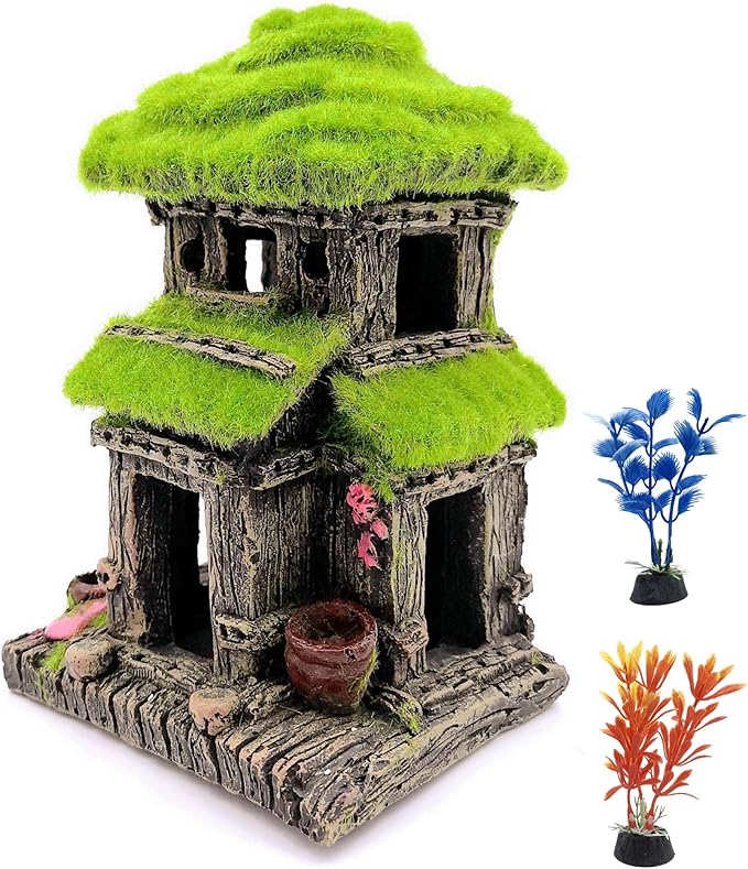 M2cbridge Aquarium Decorations Fish Hideout House Betta Cave with Green Lifelike Moss (Style 3)