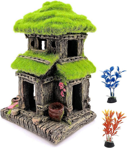 M2cbridge Aquarium Decorations Fish Hideout House Betta Cave with Green Lifelike Moss (Style 3)