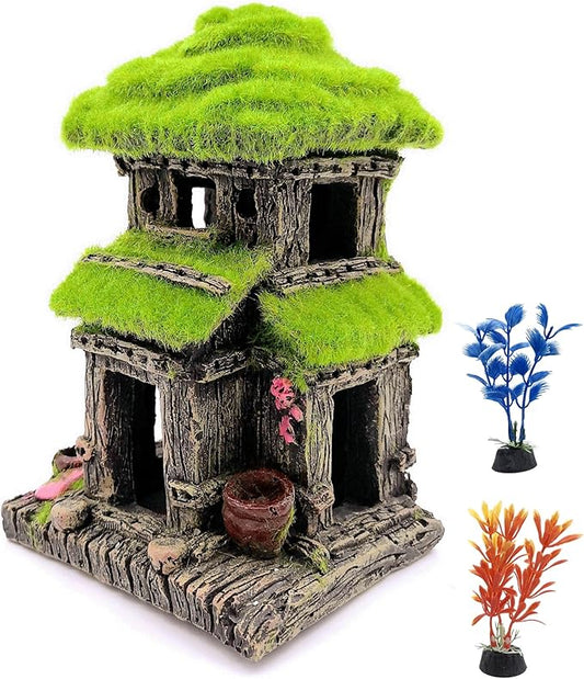 M2cbridge Aquarium Decorations Fish Hideout House Betta Cave with Green Lifelike Moss (Style 3)